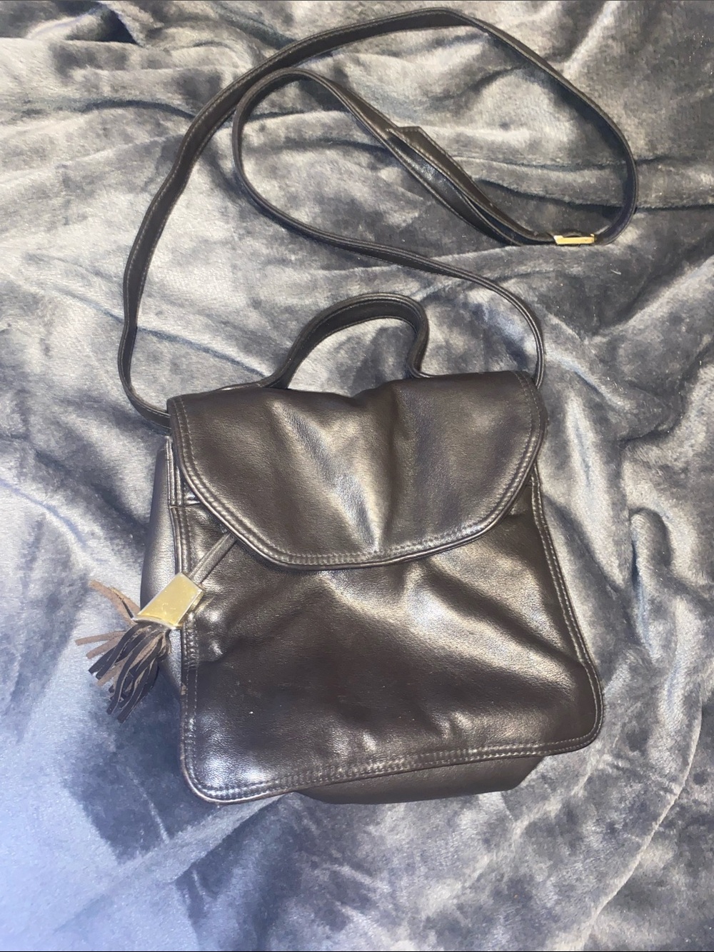 Jennifer Moore Black Leather Crossbody Bag with Tassel Accent